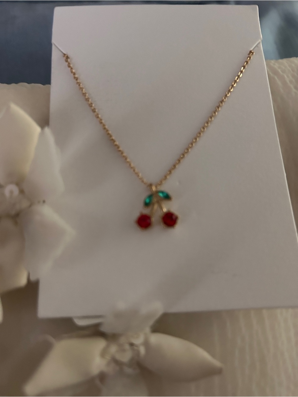 Dry Goods Gold Cherry Pendant Necklace with Red and Green Accents